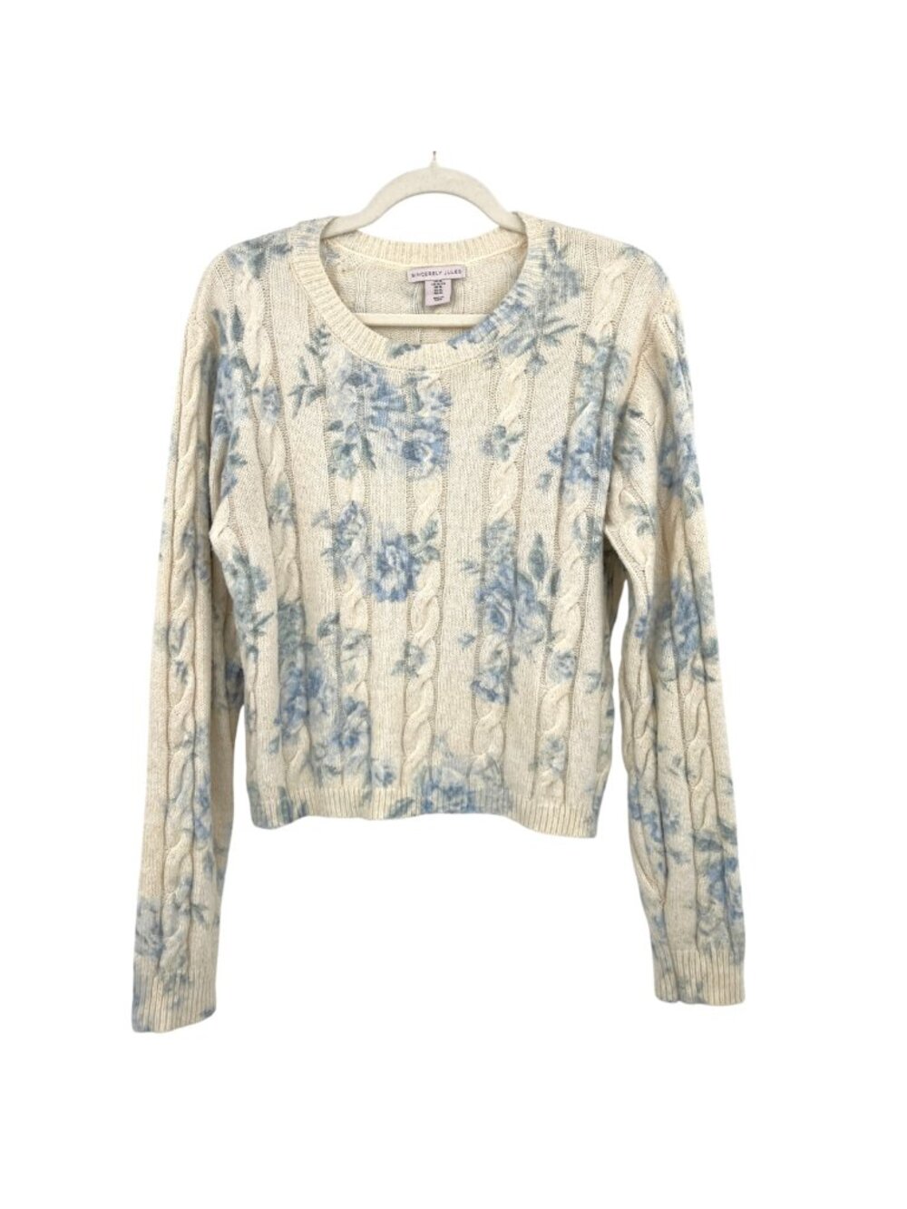 Sincerely Jules Floral Cable Knit Sweater Ivory Blue Size XL Cottagecore
